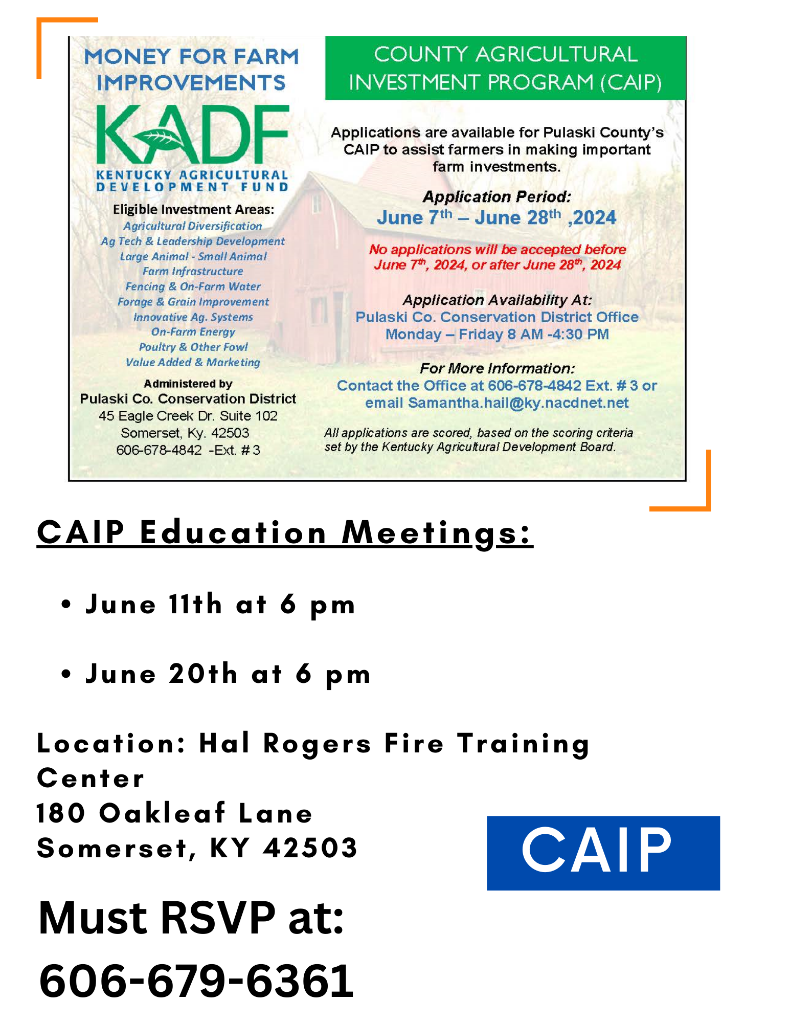 flyer for CAIP education meetings in june call 606-679-6361 for more information 